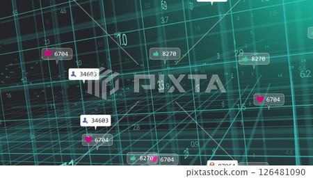 Image of media icons over data processing with connections Image of media icons over data processing with connections 126481090