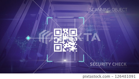 Image of data processing and qr code scanning over server room Image of data processing and qr code scanning over server room 126481091