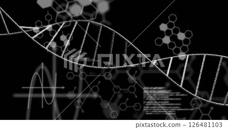 Image of dna strand with chemical formula and data processing on black background 126481103