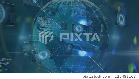 Image of digital data processing and globe over dark background 126481108