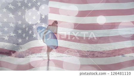 Image of american flag and light spots over caucasian woman carrying surfboard on sunny beach Image of american flag and light spots over caucasian woman carrying surfboard on sunny beach 126481110