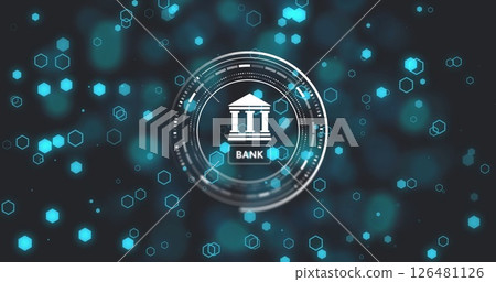 Image of bank icon with scope scanning over glowing spots of light on black background 126481126