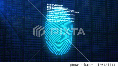 Image of fingerprint with data processing on black background Image of fingerprint with data processing on black background 126481143