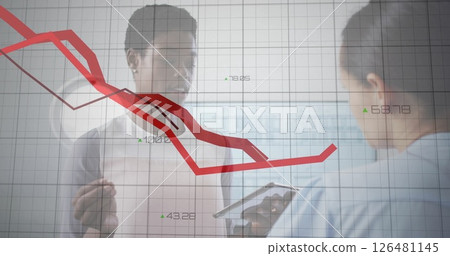 Image of red lines and financial data processing over diverse business people in office 126481145