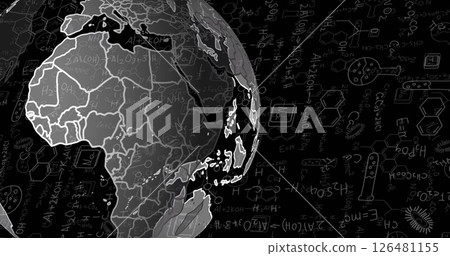 Image of scientific data processing over globe on black background 126481155