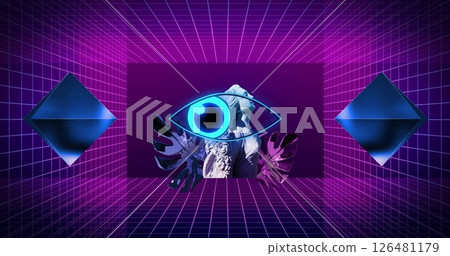 Image of shapes moving and eye over sculpture and leaves on black background 126481179