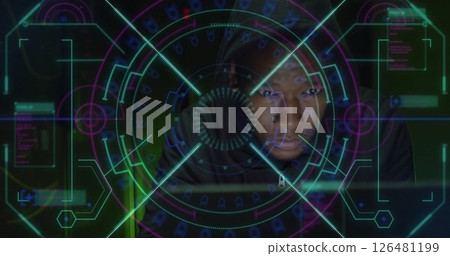 Image of scope scanning over biracial male hacker using laptop Image of scope scanning over biracial male hacker using laptop 126481199