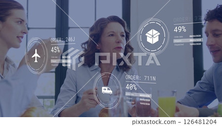 Image of media icons and data over caucasian colleagues at meeting Image of media icons and data over caucasian colleagues at meeting 126481204