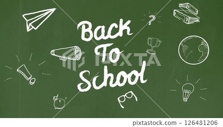 Image of back to school text over school items icons on board 126481206