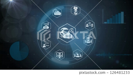 Image of data processing with scope scanning and business icons on black background Image of data processing with scope scanning and business icons on black background 126481233