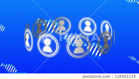 Image of network of connections with people icons and dna strand over blue background Image of network of connections with people icons and dna strand over blue background 126481234