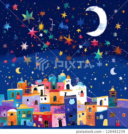 A fun, picture-book style, hand-drawn cityscape illustration 126481239