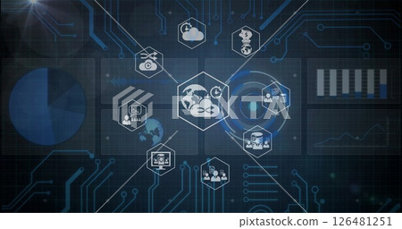 Image of media icons over diagrams and globe 126481251