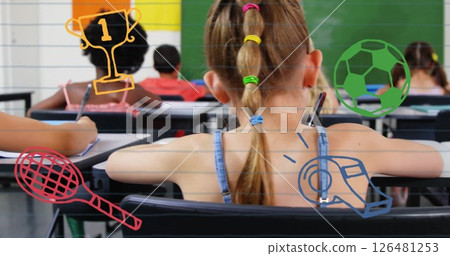 Image of school items icons over diverse schoolchildren learning at school 126481253