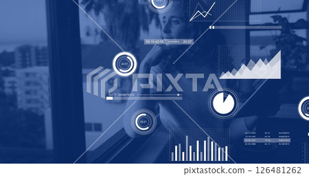 Image of data processing and diagrams over caucasian woman thinking 126481262