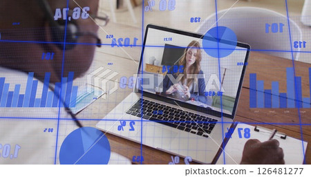 Image of data processing over diverse doctor and patient on laptop consultation 126481277