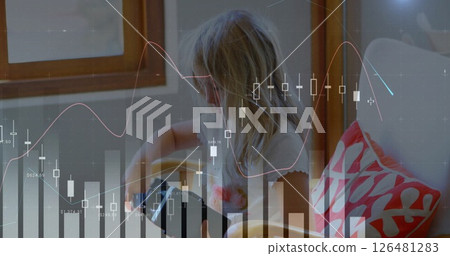 Image of financial data processing over caucasian girl with vr headset Image of financial data processing over caucasian girl with vr headset 126481283