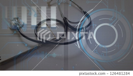 Image of data processing with scope scanning over stethoscope on grey background Image of data processing with scope scanning over stethoscope on grey background 126481284