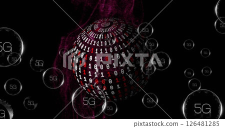Image of 5g text, binary coding and digital data processing over globe 126481285