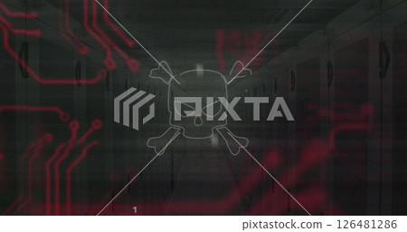 Skull and crossbones over digital data and circuit board image 126481286
