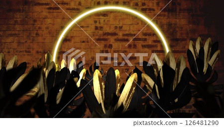 Image of neon circle and leaves on brick background Image of neon circle and leaves on brick background 126481290