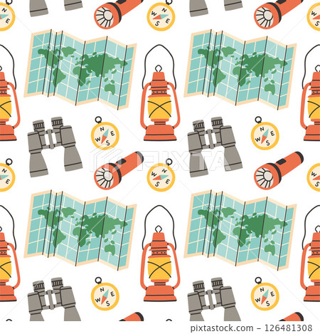 Seamless pattern with camping elements on white background. Colorful vector flat style. Hand drawn design for fabric, print, wrapper, textile 126481308