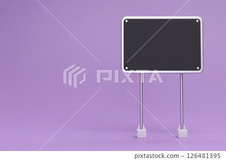 Blank chalk board street stand mockup on purple background. Two steel column with blank black billboard. Signboard with silver metal frame template. 3d rendering. Blank chalk board street stand mockup on purple background. Two steel column with blank black billboard. Signboard with silver metal frame template. 3d rendering. 126481395