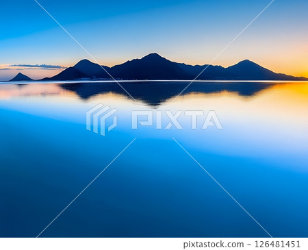 Tranquil mountain landscape reflected in calm blue water at sunset 126481451