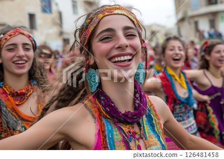 Joyful young caucasian females celebrating in colorful festival attire 126481458