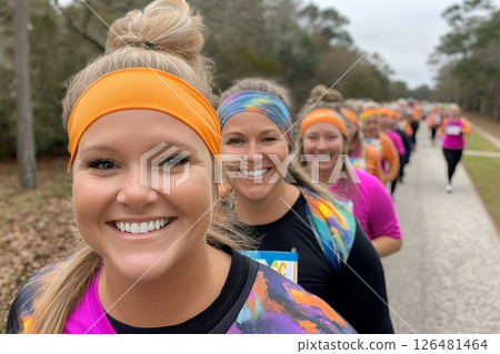 Group of smiling caucasian female adults in colorful athletic wear running 126481464