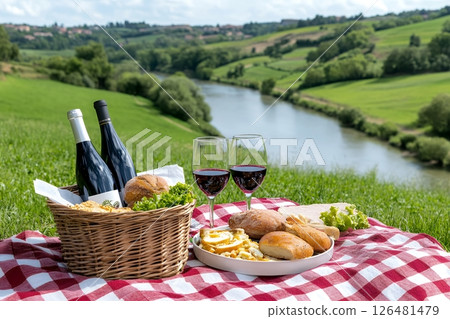 Scenic picnic by river with wine, bread, and cheese on red checkered blanket 126481479