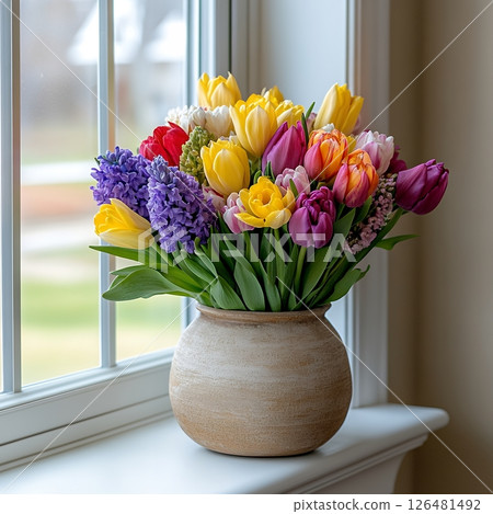 Vibrant spring bouquet with tulips and hyacinths on windowsill 126481492