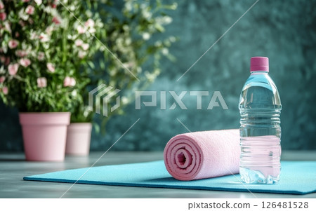 Yoga mat, pink towel, and water bottle on blue background with potted flowers, setting a serene mood for wellness and fitness activities 126481528