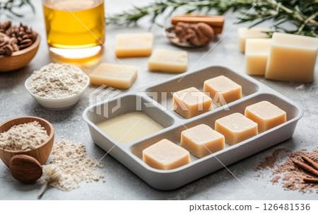 Handmade soap bars in mold tray with various natural ingredients like oils, oats, and herbs, showcasing artisanal soap making process 126481536