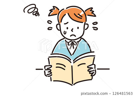 A girl in uniform is worried while reading a textbook 126481563