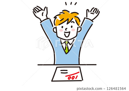 A boy in uniform is happy to get 100 points on a test 126481564