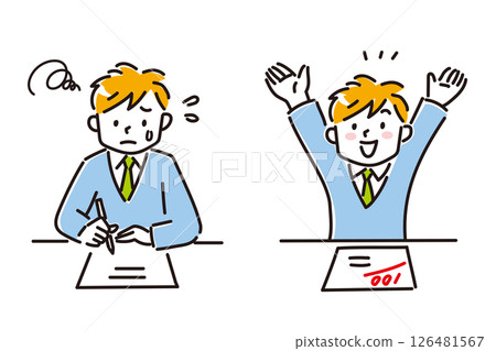 A boy struggling with a test and a boy who got 100 points A boy struggling with a test and a boy who got 100 points 126481567