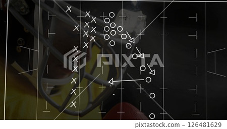 Football strategy diagram image over close-up of player holding ball Football strategy diagram image over close-up of player holding ball 126481629