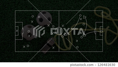 Soccer strategy image over field with balls, whistle, and training rope 126481630