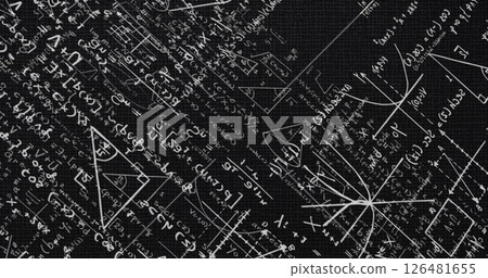 Mathematical equations and geometric shapes image over black background Mathematical equations and geometric shapes image over black background 126481655