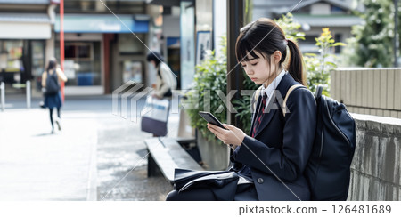 亞洲女學生在戶外懷疑地看著她的智慧型手機 亞洲女學生在戶外懷疑地看著她的智慧型手機 126481689