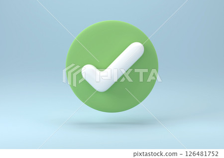Check symbol in circle. 3d check mark icon isolated on white background. check list button best choice for right, success, tick, checkbox, accept, agree check mark. 3D rendering Check symbol in circle. 3d check mark icon isolated on white background. check list button best choice for right, success, tick, checkbox, accept, agree check mark. 3D rendering 126481752