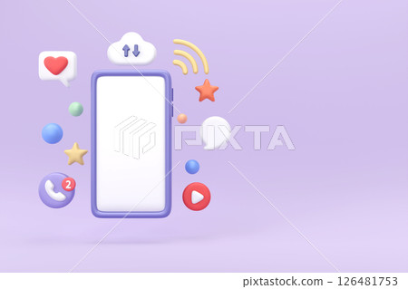 Smartphone with social media technology. 3d open smartphone with cloud of application icons, isolated purple background, 3d rendering 126481753