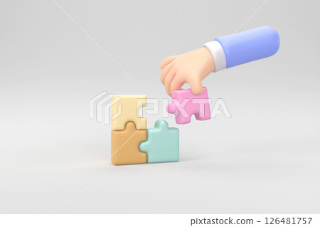 3d cartoon hands connecting jigsaw puzzle. Symbol of teamwork, cooperation, partnership, Problem-solving, business concept. minimal style. 3d rendering 126481757