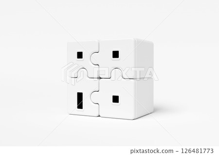 Abstract white house puzzle shape with entrance on white background. Modern architecture with empty building. Concept building business. Futuristic design concepts.3D rendering Abstract white house puzzle shape with entrance on white background. Modern architecture with empty building. Concept building business. Futuristic design concepts.3D rendering 126481773
