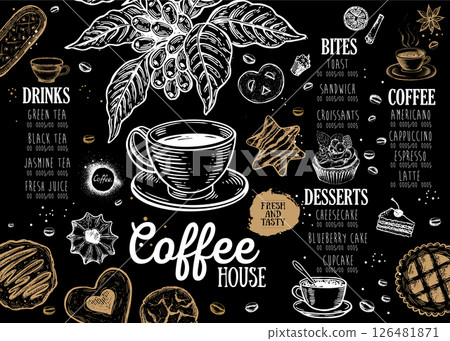 Coffee house menu. Restaurant cafe menu, template design. Food flyer.	 126481871