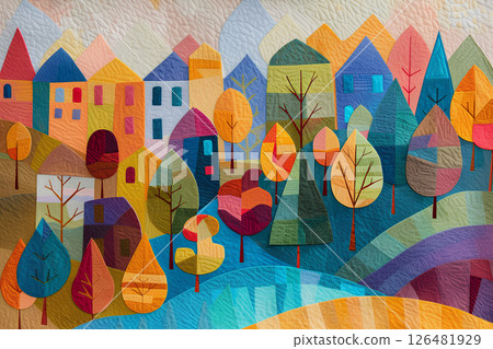 Gentle pastel-colored forest and house landscape (felt)-1 126481929