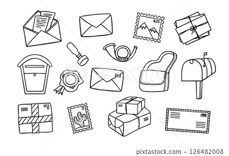 Mail and Post Doodle Set. Envelopes, letters, banderoles, letterboxes and other retro post office attributes. Hand drawn doodle sketch. Outline vector illustration Mail and Post Doodle Set. Envelopes, letters, banderoles, letterboxes and other retro post office attributes. Hand drawn doodle sketch. Outline vector illustration 126482008