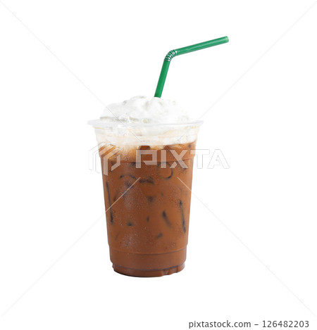 Asian Iced coffee, mocha coffee with whipped cream on top isolated white background. clipping paths Asian Iced coffee, mocha coffee with whipped cream on top isolated white background. clipping paths 126482203