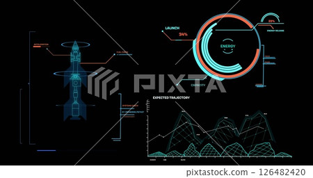 Image of data processing over diagrams and rocket blueprint Image of data processing over diagrams and rocket blueprint 126482420